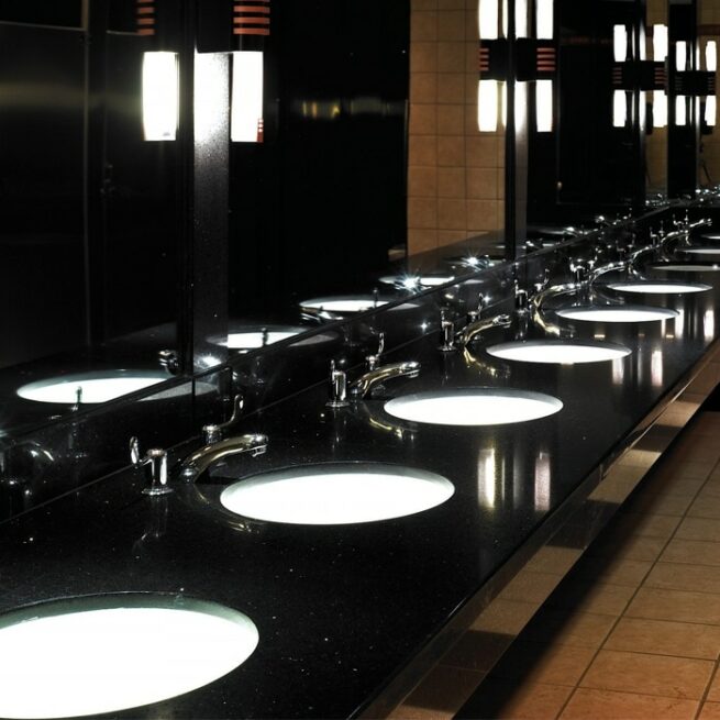 Silestone Stellar Night Quartz Worktops in Commercial Bathroom
